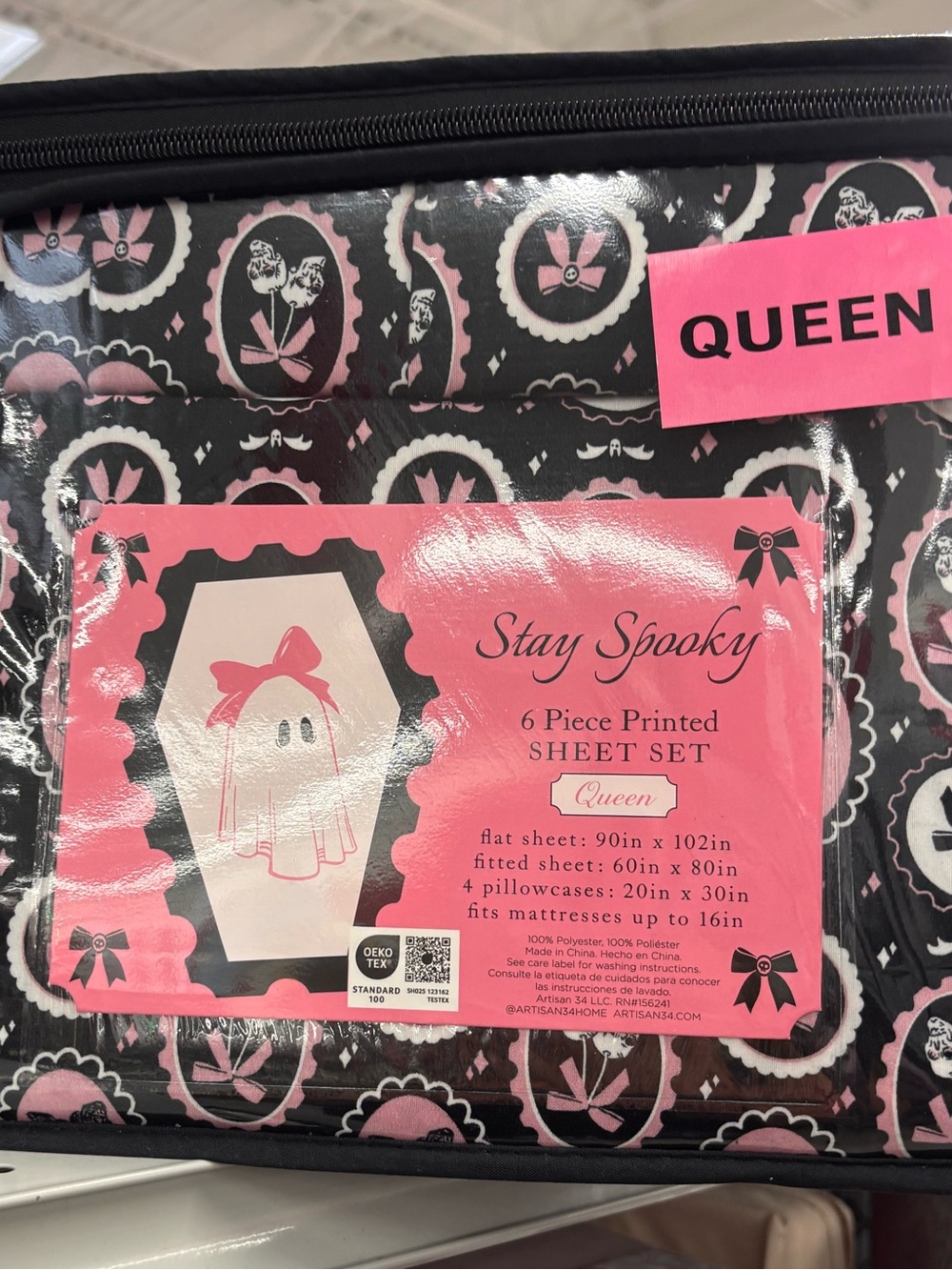 Viral Queen Halloween skull and bows Pink & Black Sheet Set